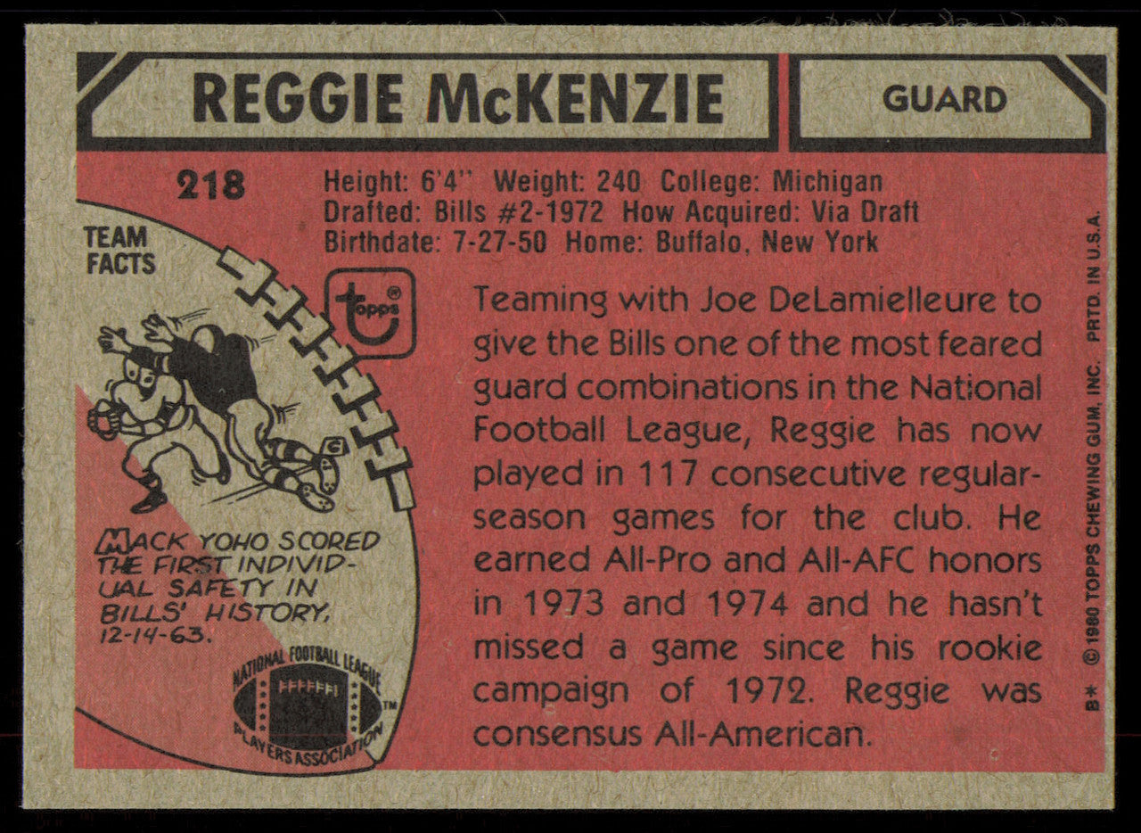 Reggie McKenzie Autographed 1981 Topps Card #218 Buffalo Bills SKU #254833