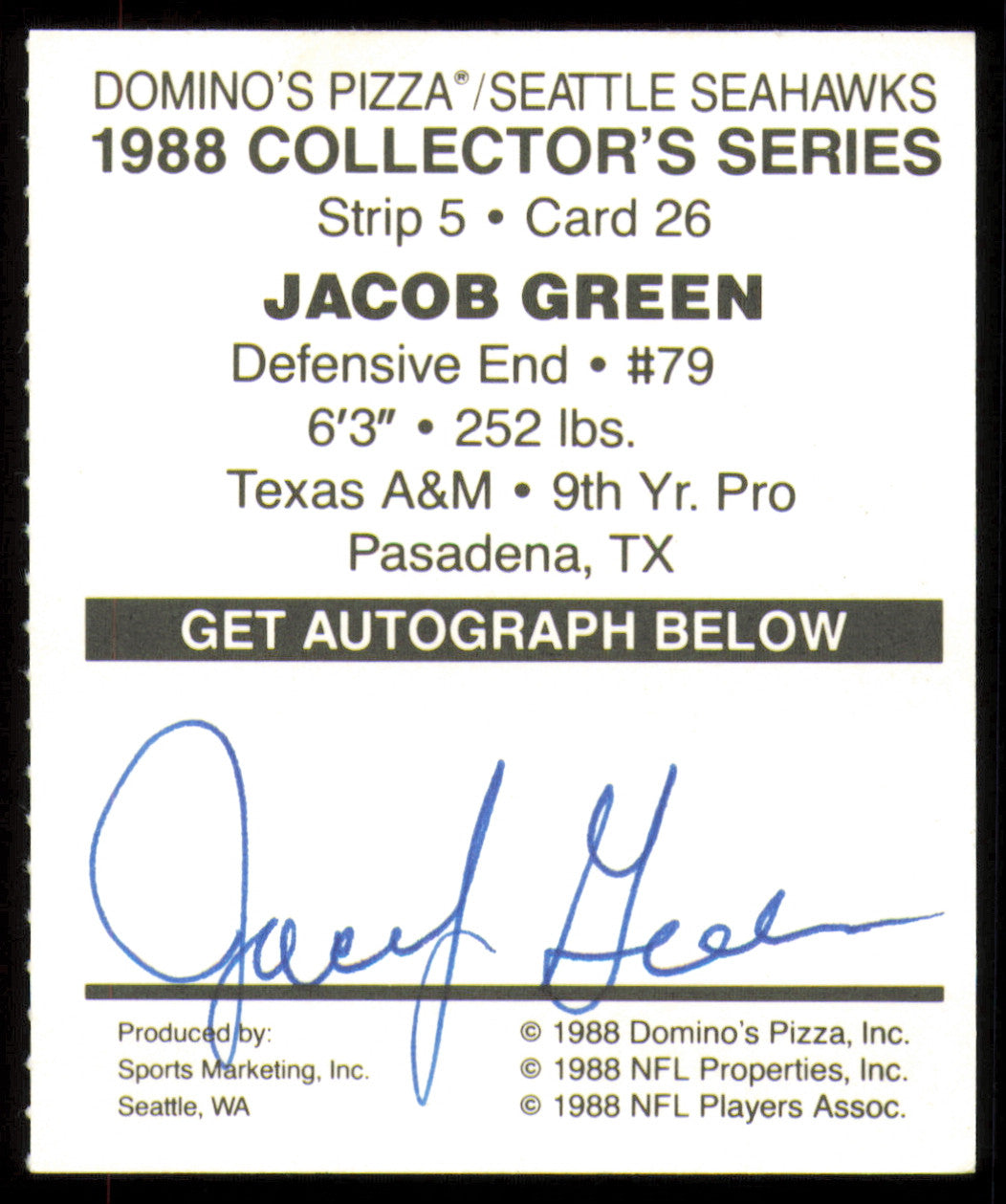 Jacob Green Autographed 1988 Domino's Pizza Card #26 Seattle Seahawks (Signed Twice) SKU #254854