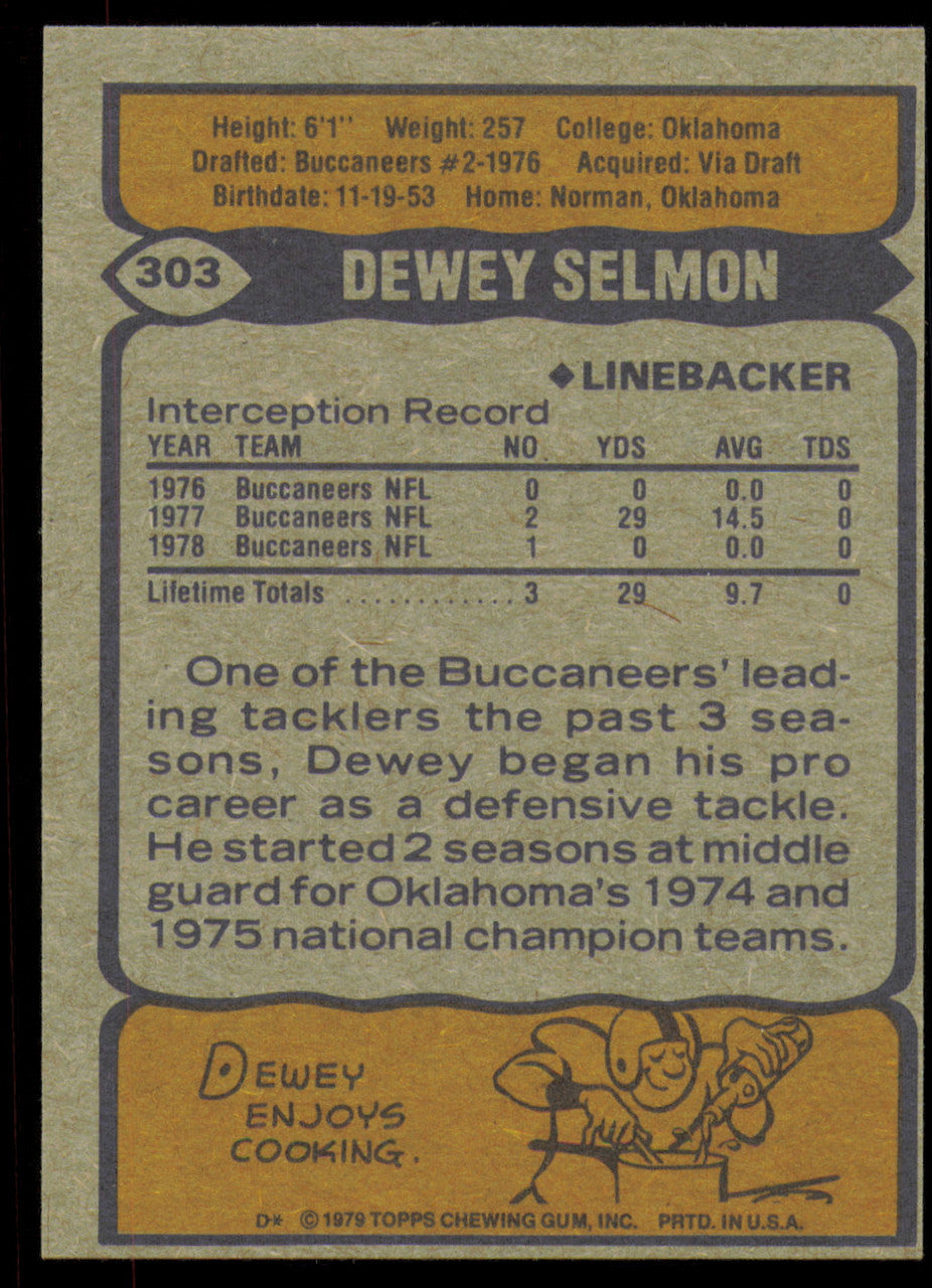 Dewey Selmon Autographed 1979 Topps Card #303 Tampa Bay Buccaneers SKU #254857