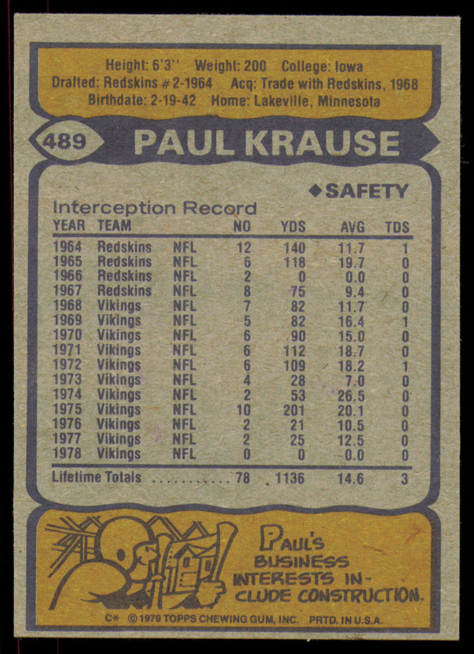 Paul Krause Autographed 1979 Topps Card #489 Minnesota Vikings SKU #254862