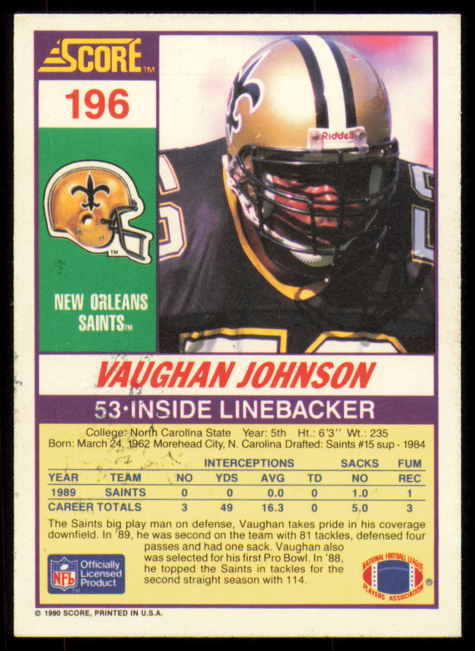 Vaughan Johnson Autographed 1990 Score Card #196 New Orleans Saints SKU #254869