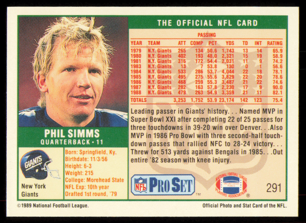Phil Simms Autographed 1989 Pro Set Card #291 New York Giants SKU #254871