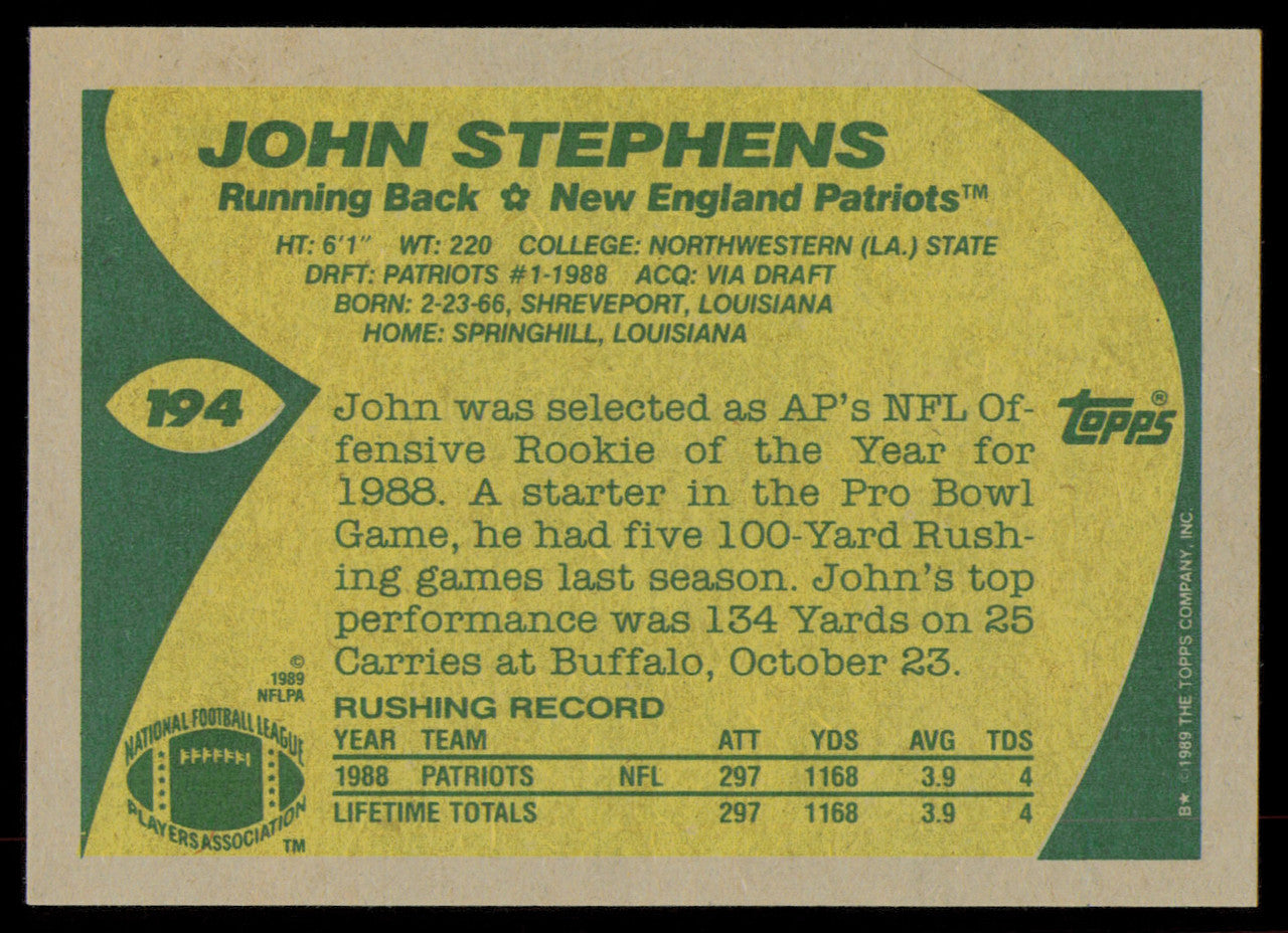 John Stephens Autographed 1989 Topps Rookie Card #194 New England Patriots SKU #254874