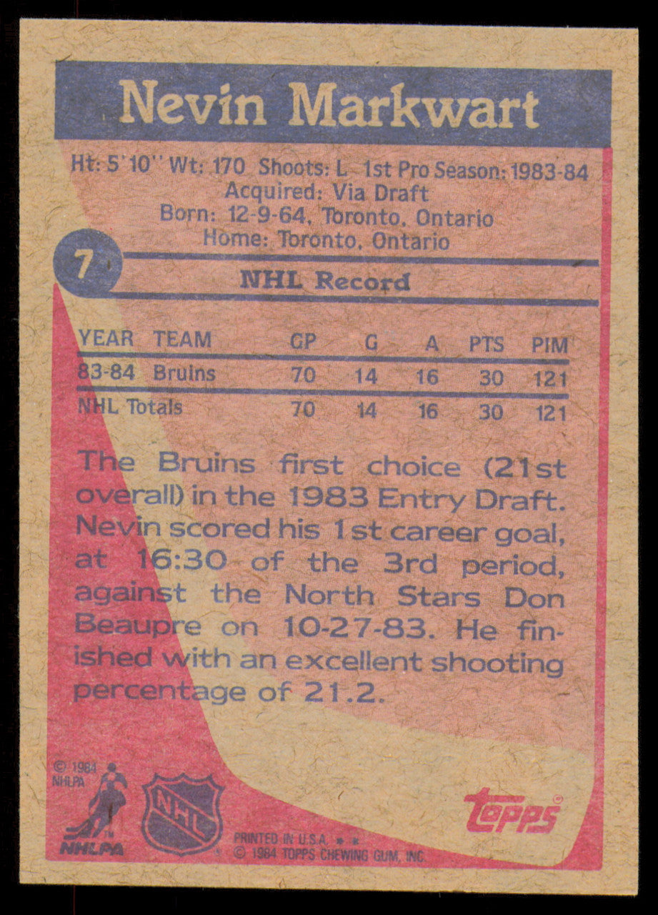 Nevin Markwart Autographed 1984-85 Topps Rookie Card #7 Boston Bruins SKU #254914