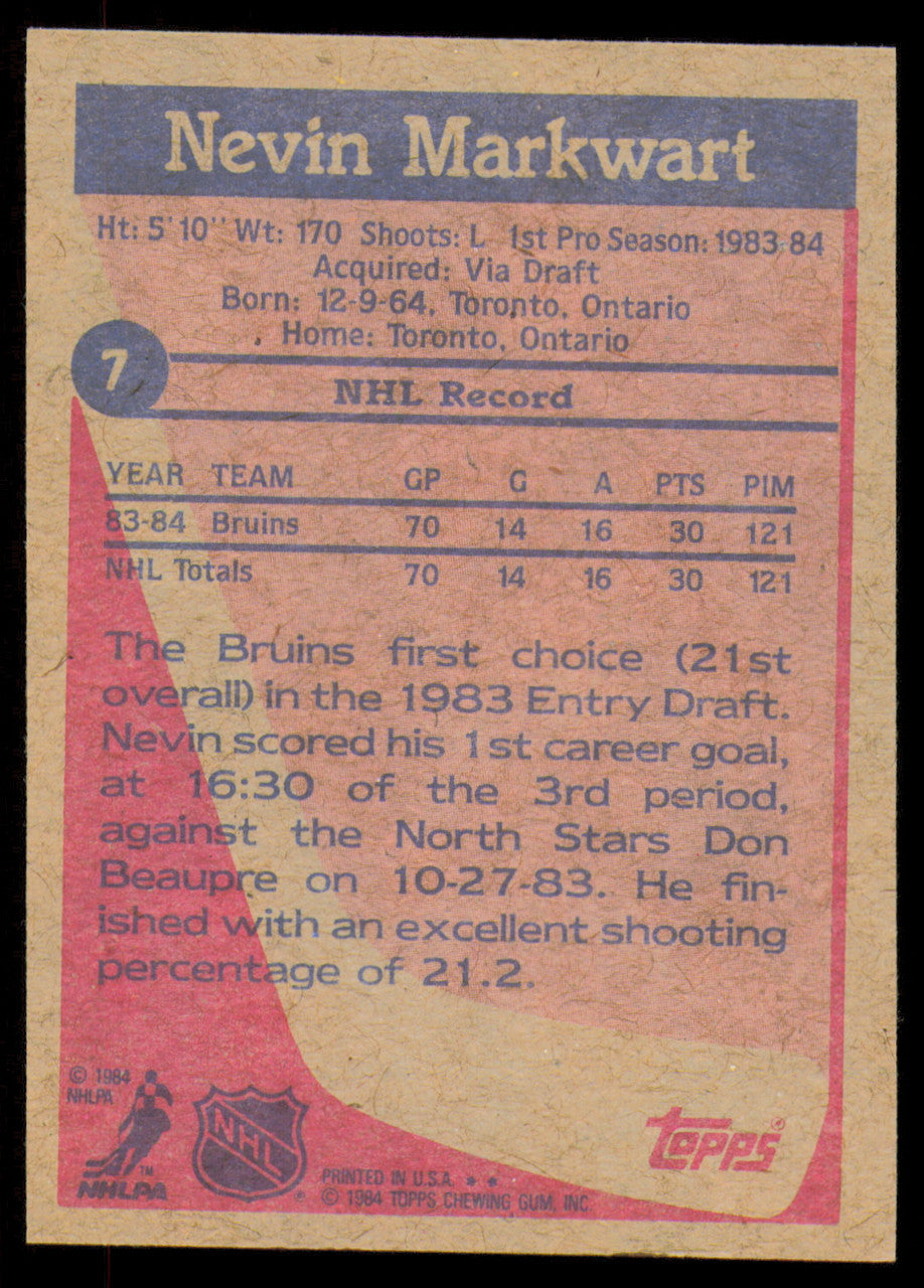 Nevin Markwart Autographed 1984-85 Topps Rookie Card #7 Boston Bruins SKU #254915