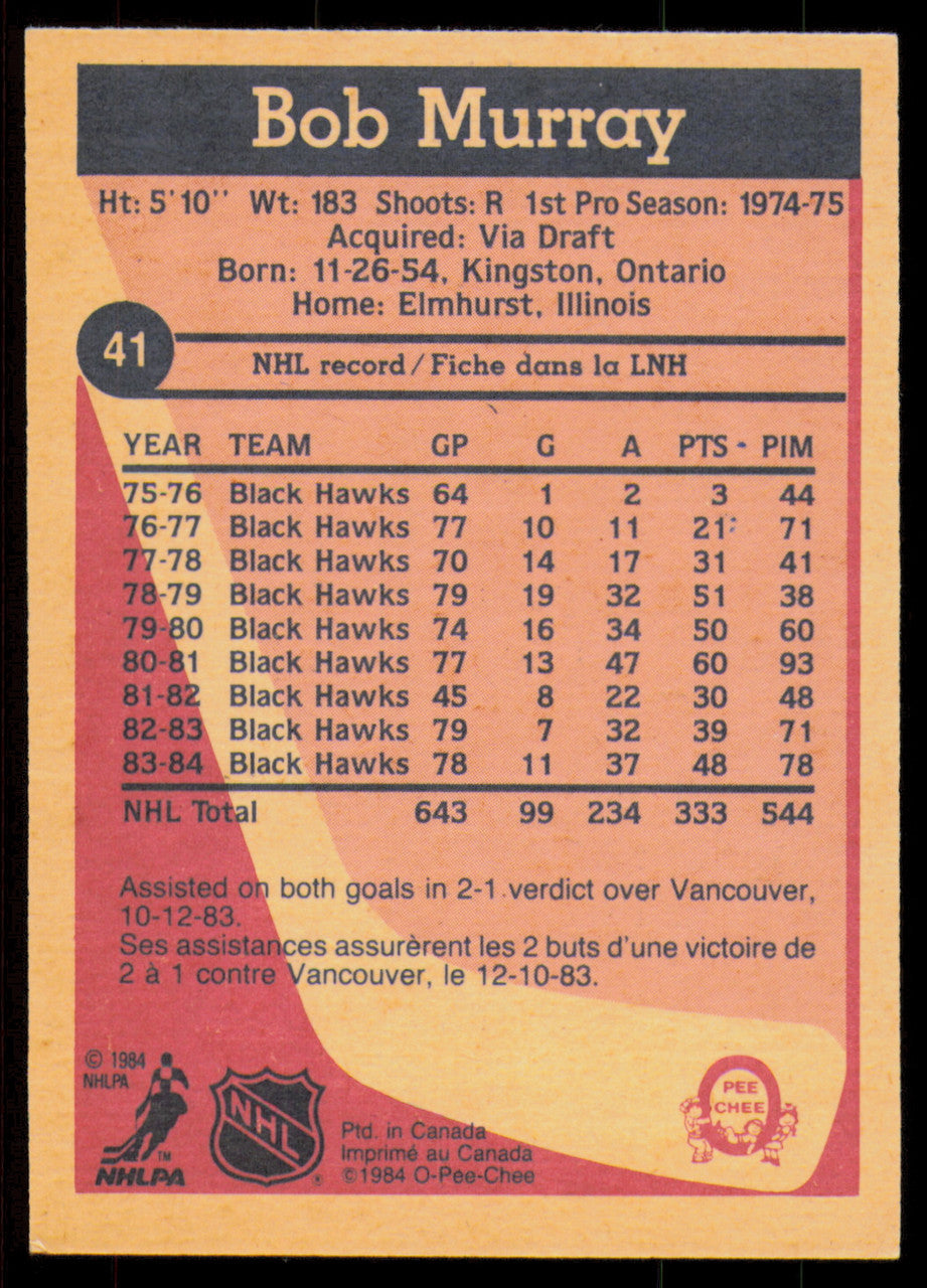 Bob Murray Autographed 1984-85 O-Pee-Chee Card #41 Chicago Blackhawks SKU #254941