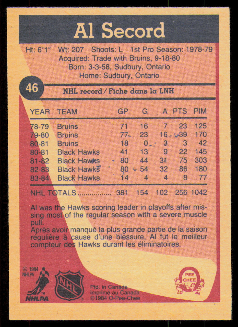 Al Secord Autographed 1984-85 O-Pee-Chee Card #46 Chicago Blackhawks SKU #254947
