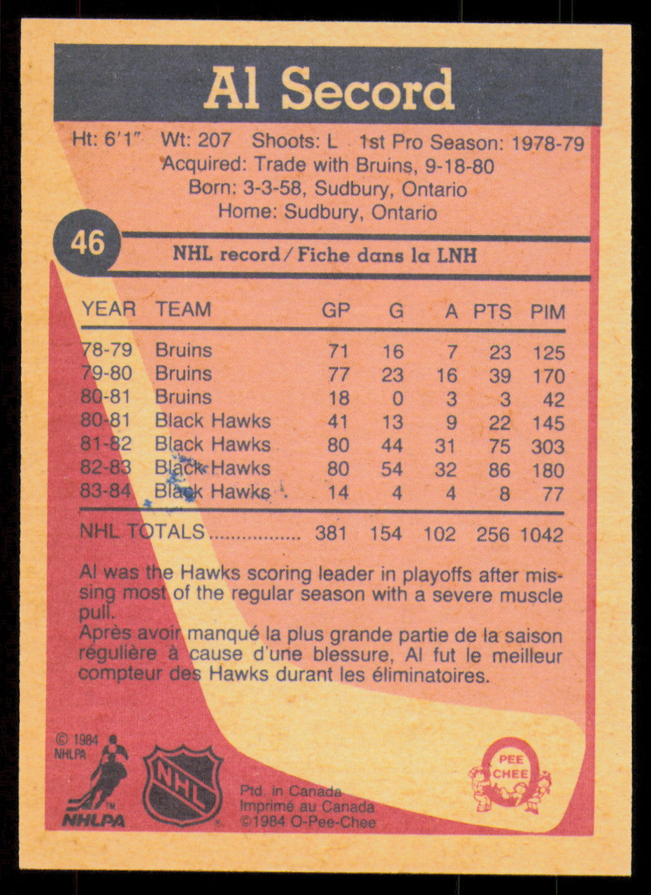 Al Secord Autographed 1984-85 O-Pee-Chee Card #46 Chicago Blackhawks SKU #254948
