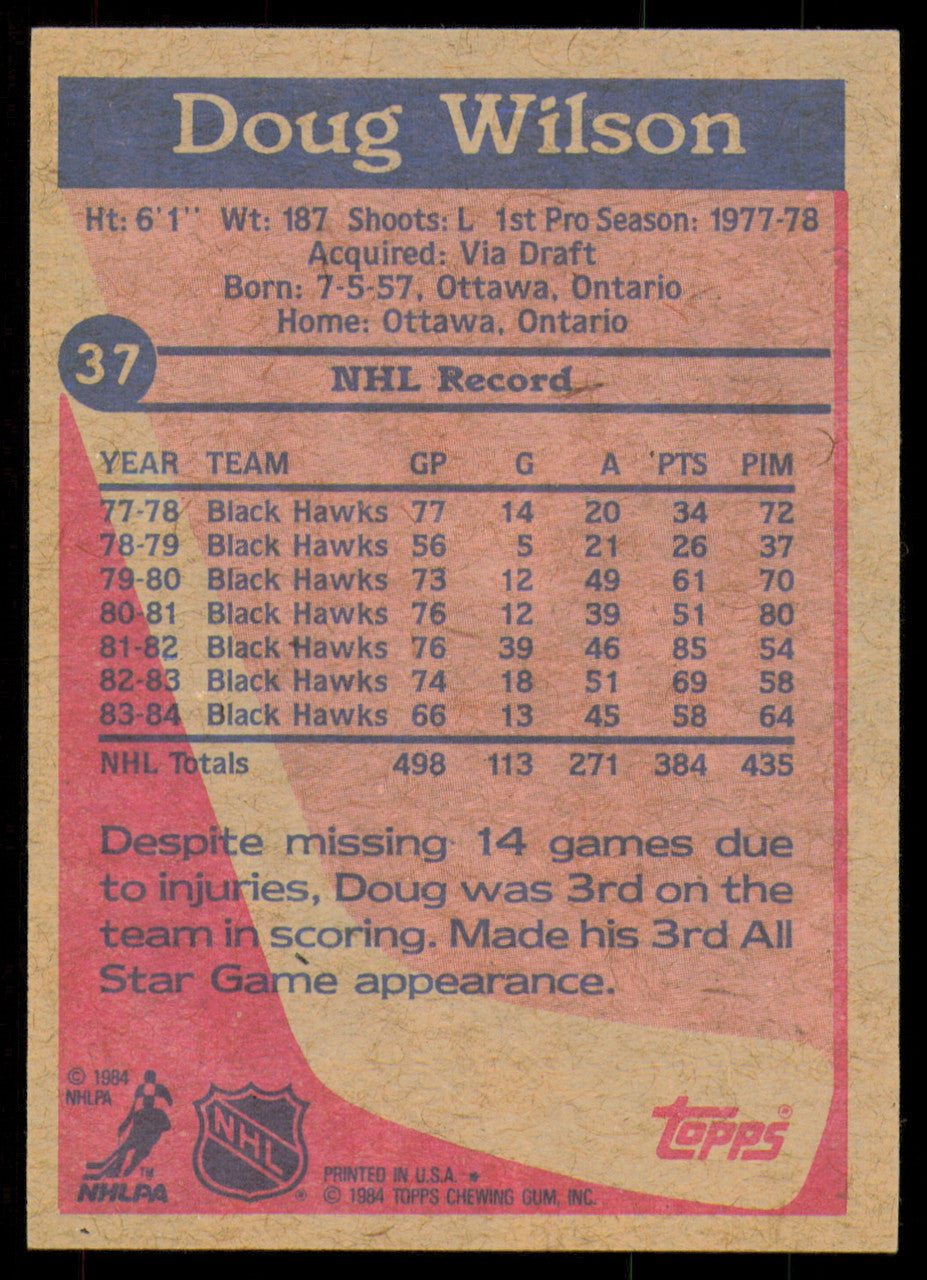 Doug Wilson Autographed 1984-85 Topps Card #37 Chicago Blackhawks SKU #254953