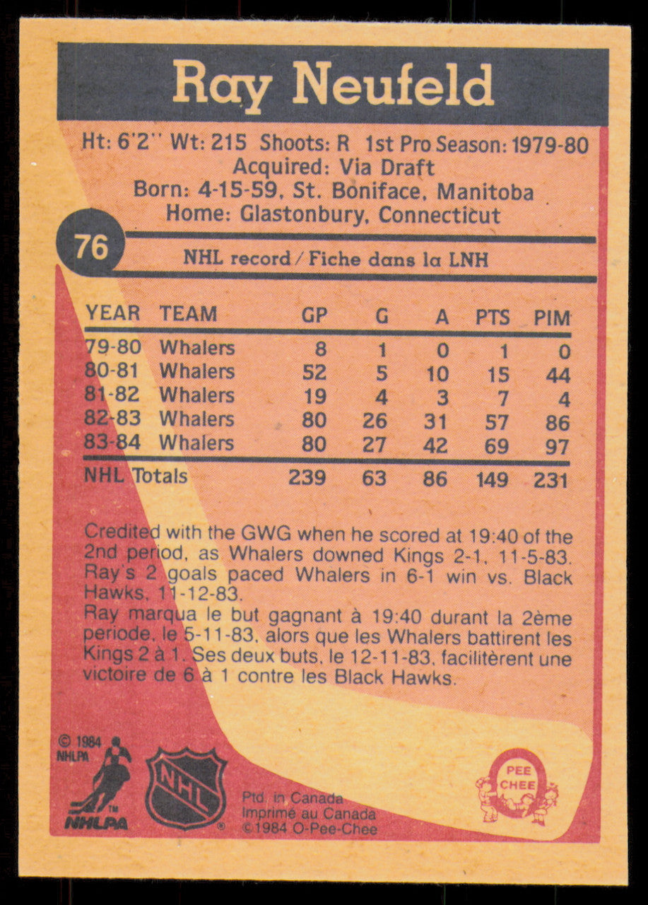 Ray Neufeld Autographed 1984-85 O-Pee-Chee Card #76 Hartford Whalers SKU #254968