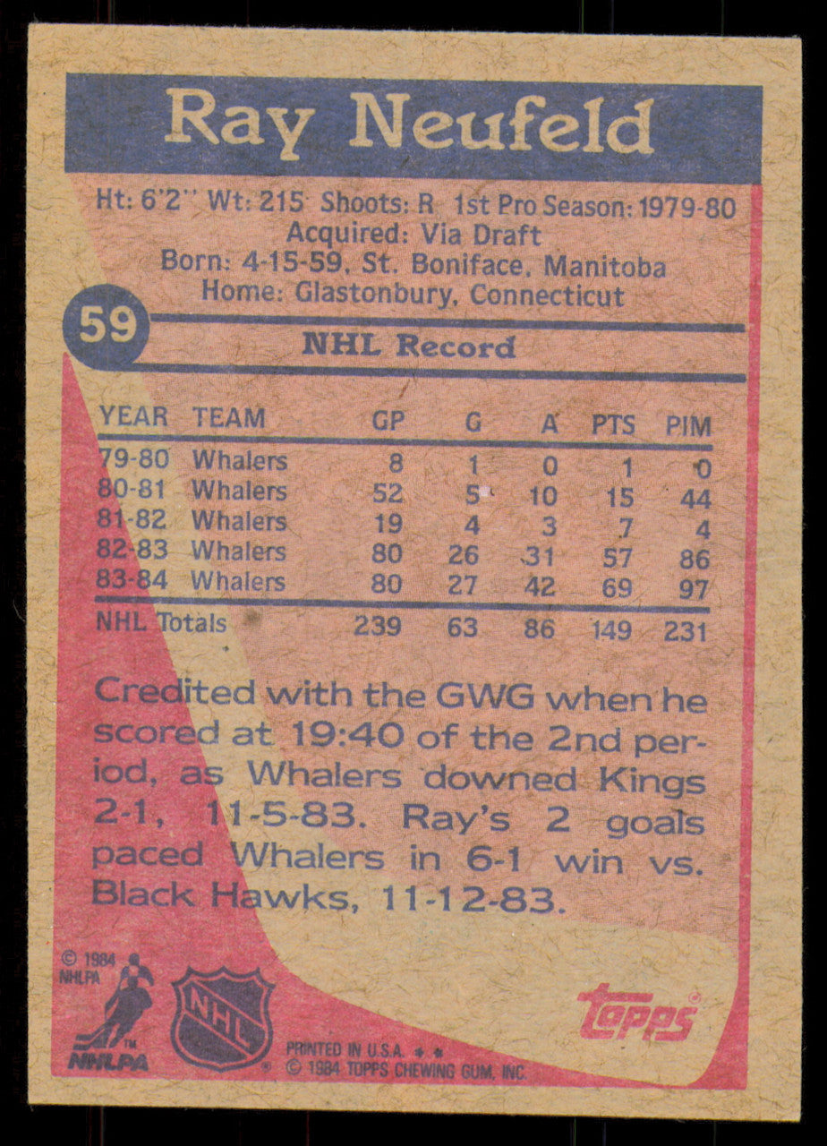 Ray Neufeld Autographed 1984-85 Topps Card #59 Hartford Whalers SKU #254970