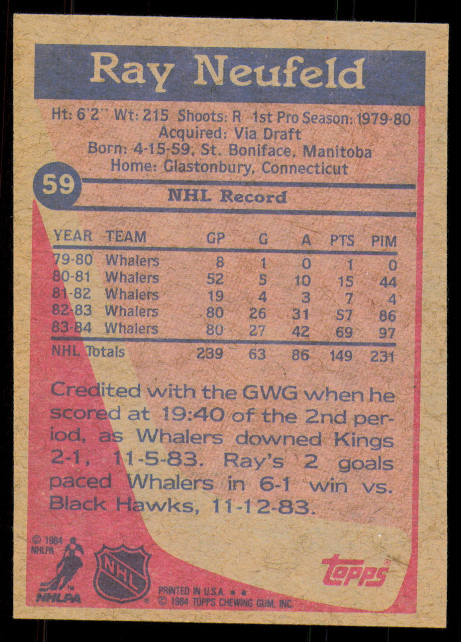 Ray Neufeld Autographed 1984-85 Topps Card #59 Hartford Whalers SKU #254971