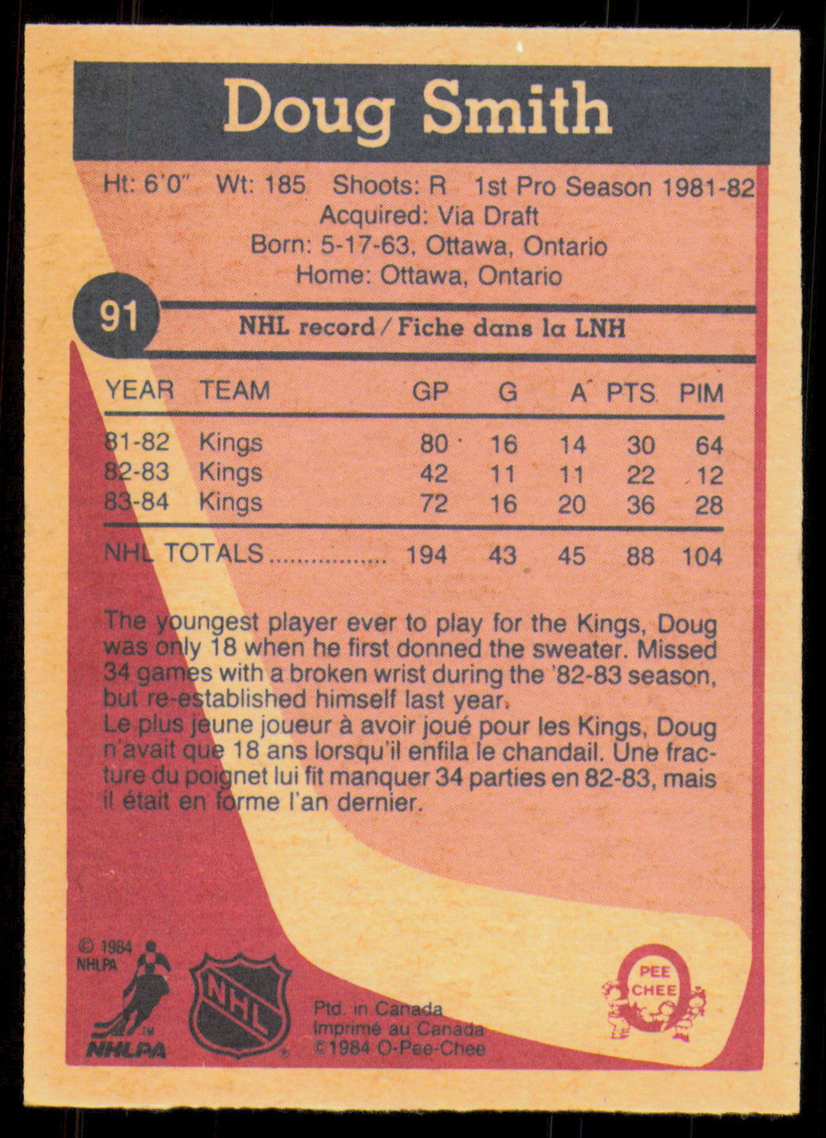 Doug Smith Autographed 1984-85 O-Pee-Chee Card #91 Los Angeles Kings SKU #254974