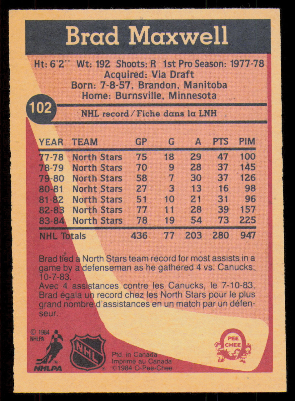 Brad Maxwell Autographed 1984-85 O-Pee-Chee Card #102 Minnesota North Stars SKU #254976