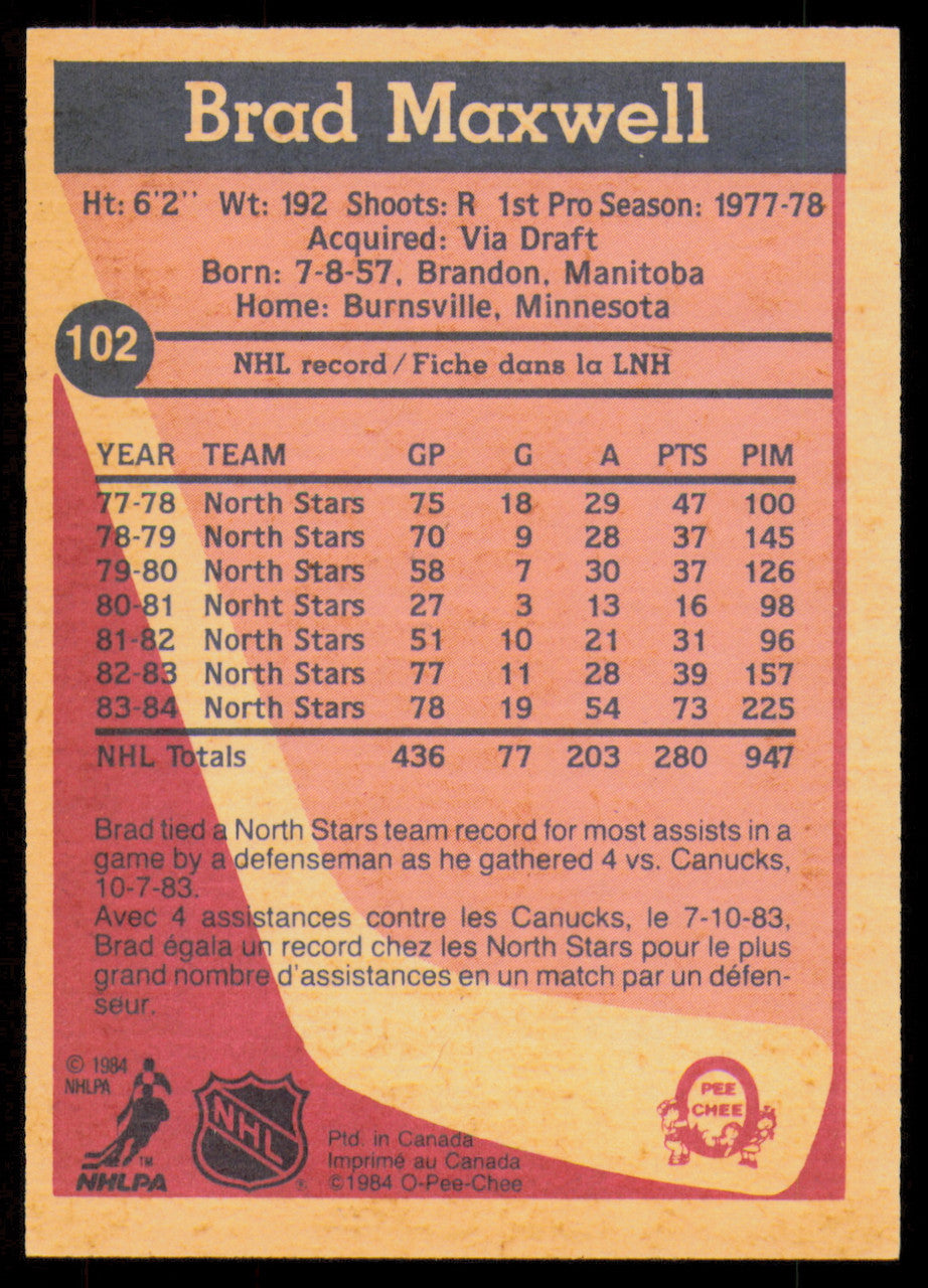 Brad Maxwell Autographed 1984-85 O-Pee-Chee Card #102 Minnesota North Stars SKU #254978
