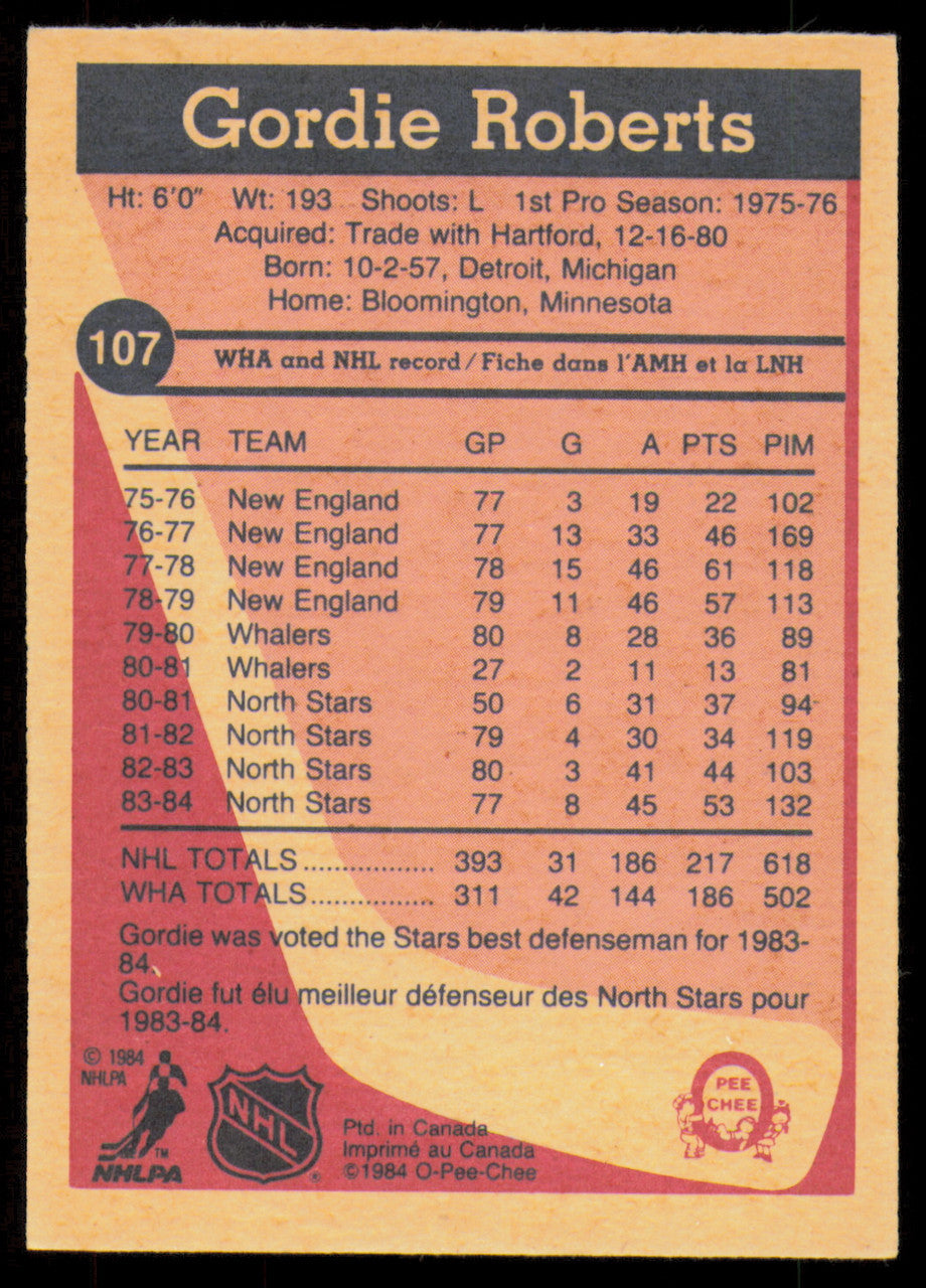 Gordie Roberts Autographed 1984-85 O-Pee-Chee Card #107 Minnesota North Stars SKU #254979