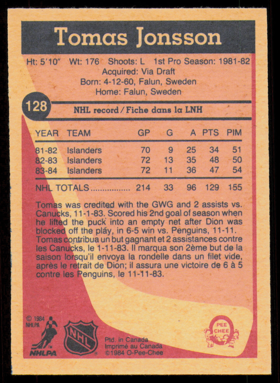 Tomas Jonsson Autographed 1984-85 O-Pee-Chee Card #128 New York Islanders SKU #254992