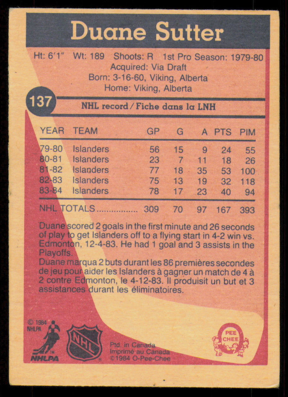 Duane Sutter Autographed 1984-85 O-Pee-Chee Card #137 New York Islanders SKU #254995