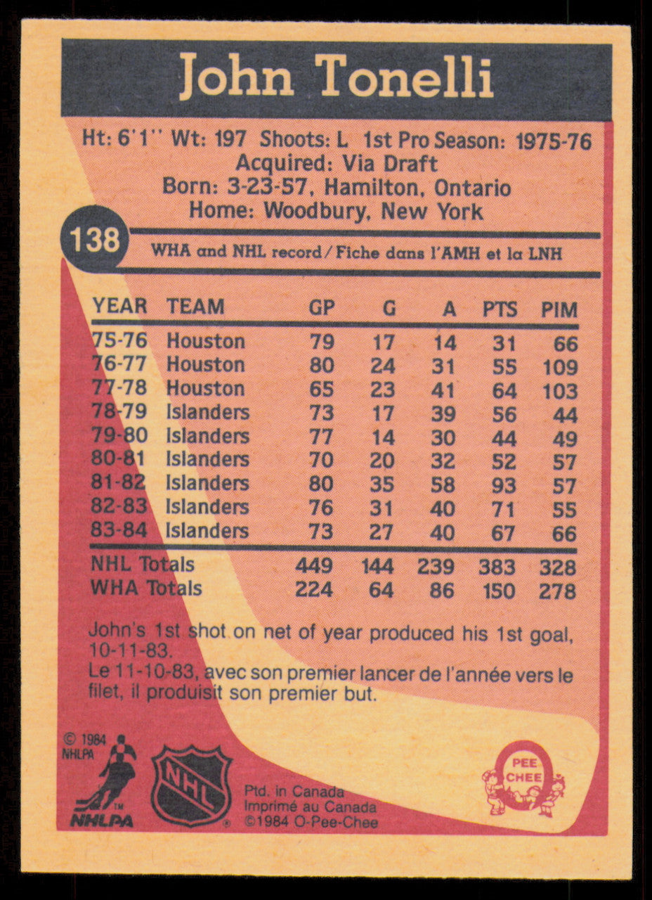 John Tonelli Autographed 1984-85 O-Pee-Chee Card #138 New York Islanders SKU #254997
