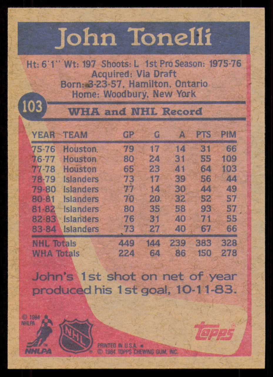 John Tonelli Autographed 1984-85 Topps Card #103 New York Islanders SKU #254999