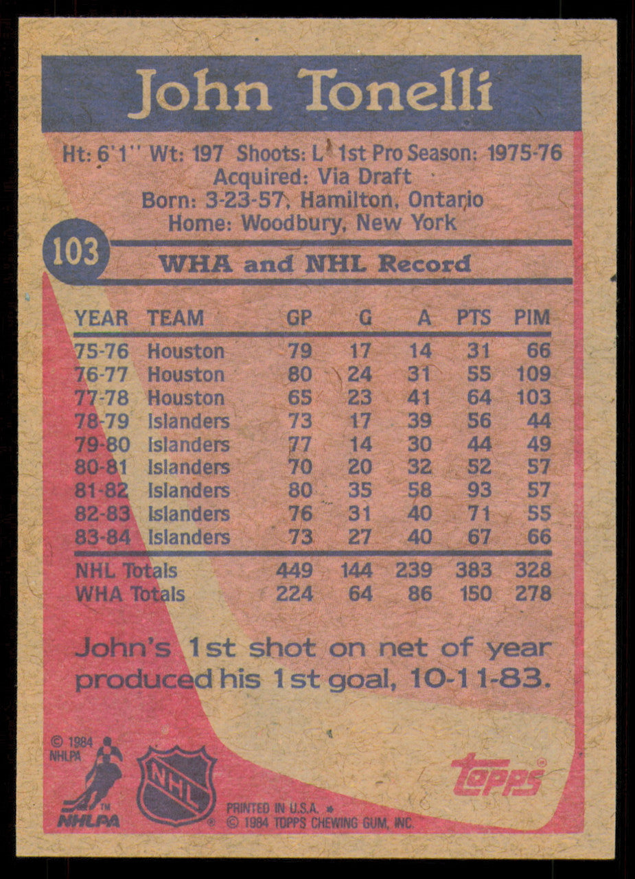 John Tonelli Autographed 1984-85 Topps Card #103 New York Islanders SKU #255000