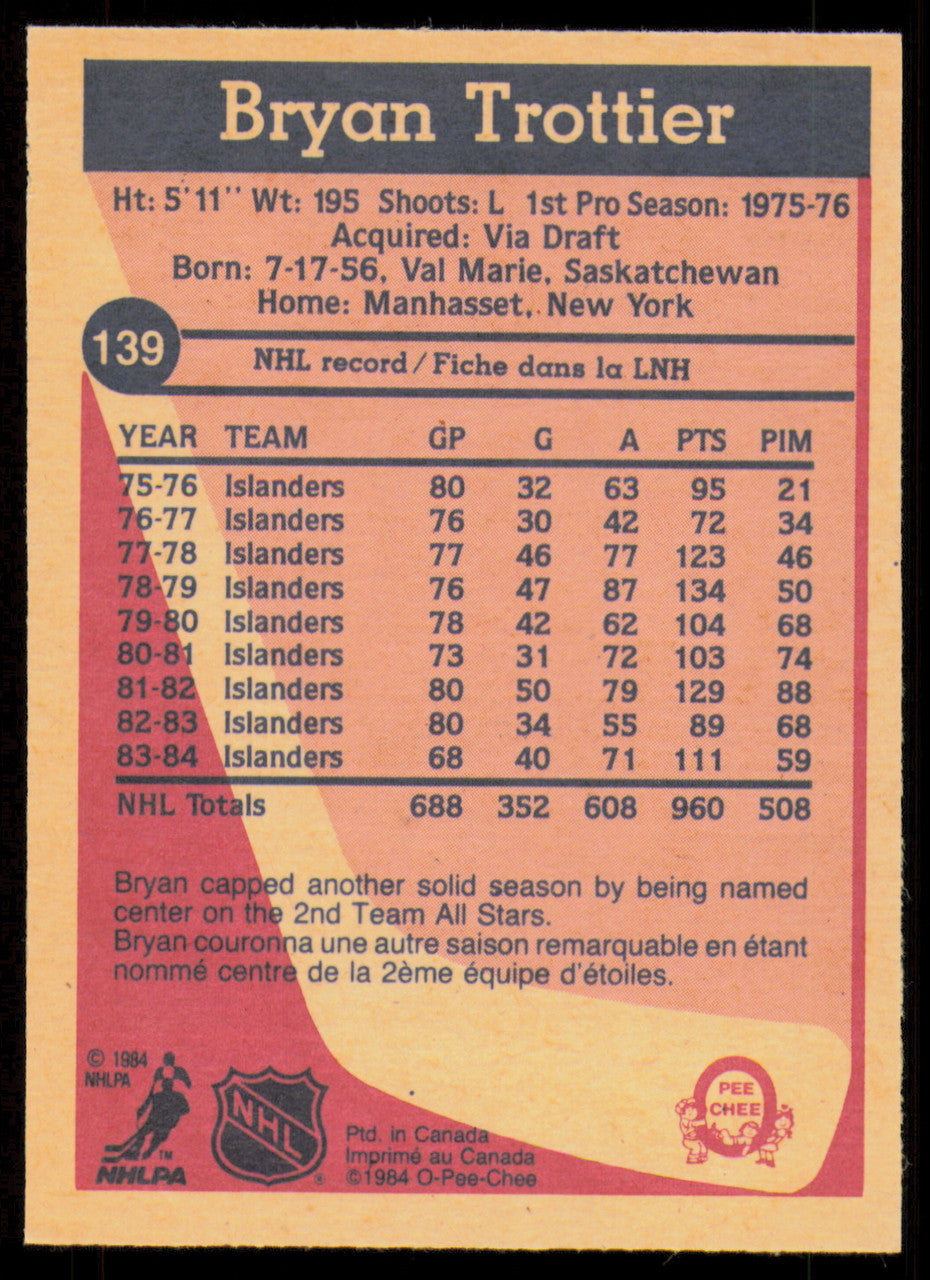 Bryan Trottier Autographed 1984-85 O-Pee-Chee Card #139 New York Islanders SKU #255001