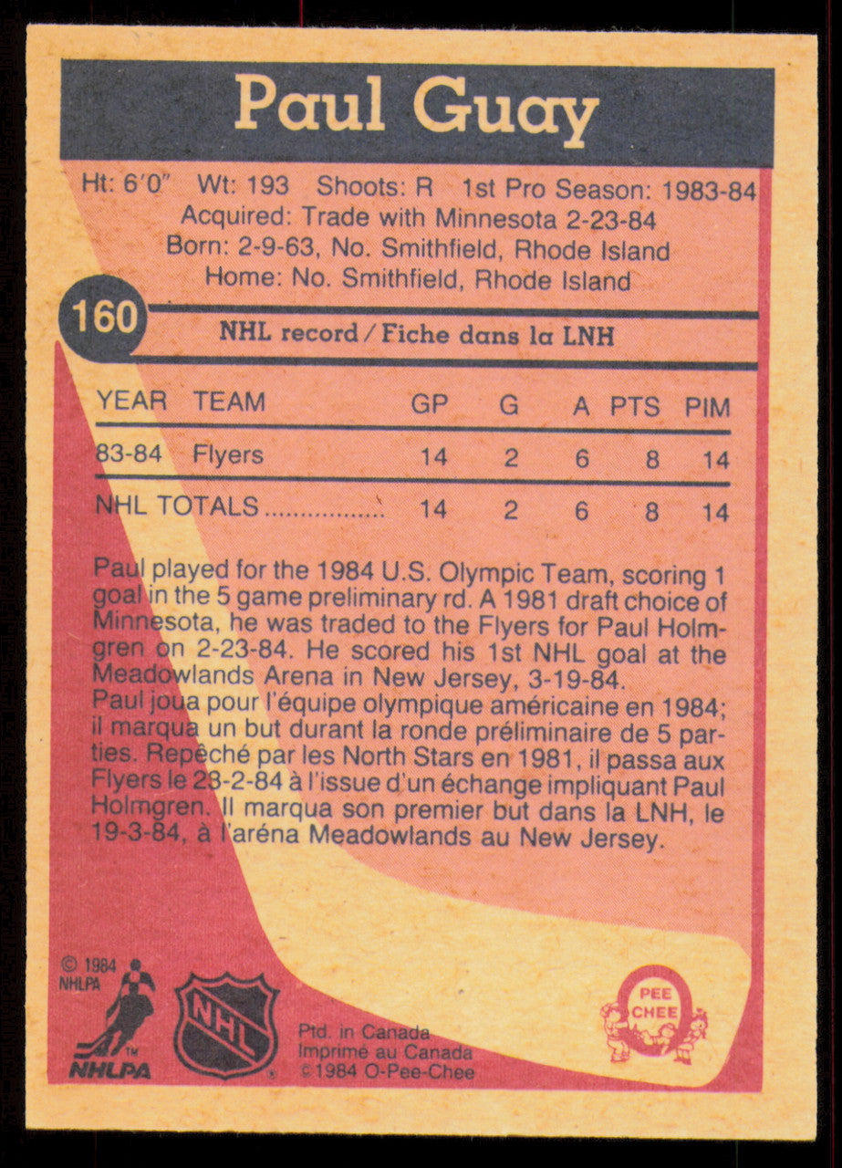 Paul Guay Autographed 1984-85 O-Pee-Chee Card #160 Philadelphia Flyers SKU #255012