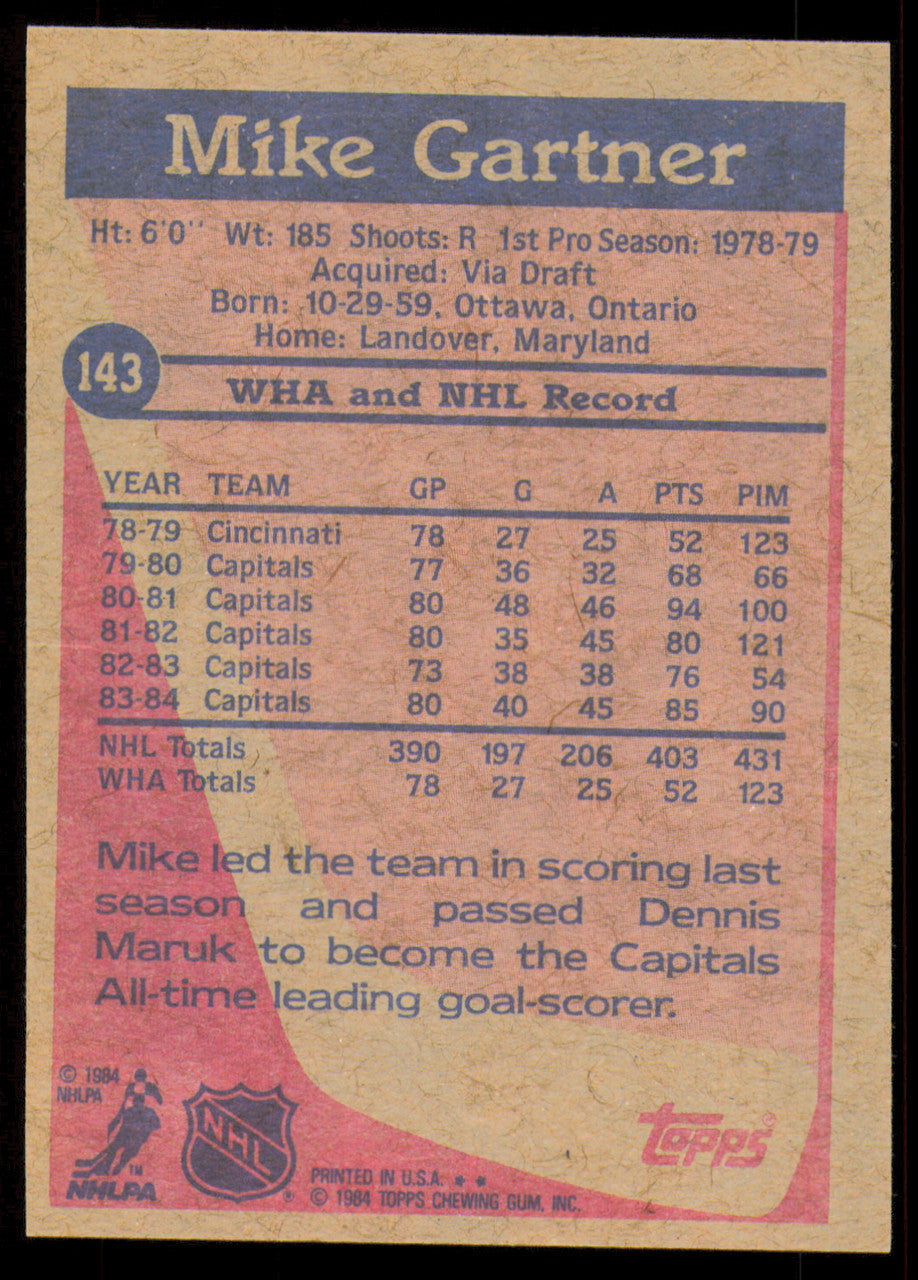 Mike Gartner Autographed 1984-85 Topps Card #143 Washington Capitals SKU #255021