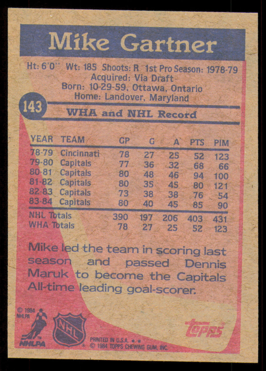 Mike Gartner Autographed 1984-85 Topps Card #143 Washington Capitals SKU #255022