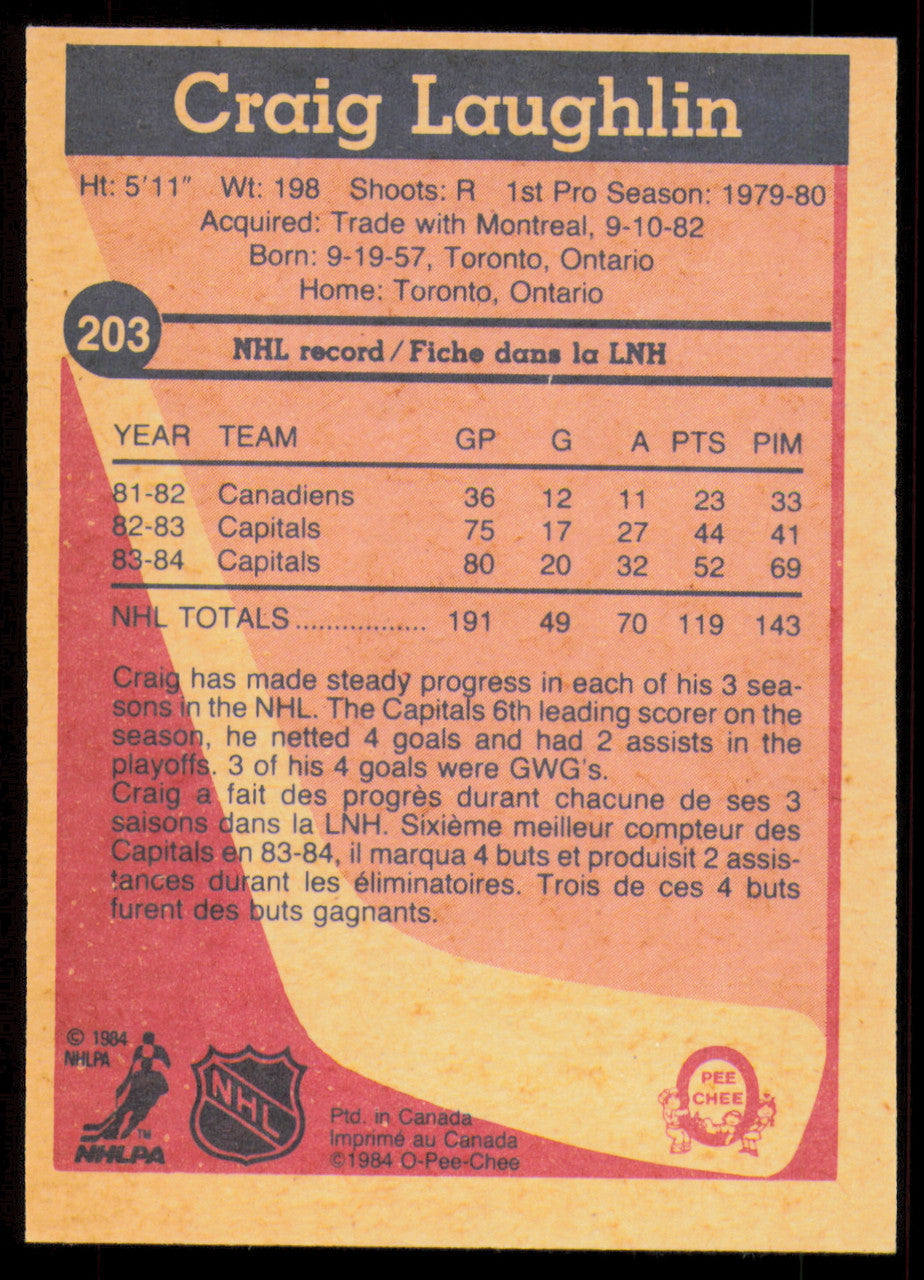 Craig Laughlin Autographed 1984-85 O-Pee-Chee Card #203 Washington Capitals SKU #255027