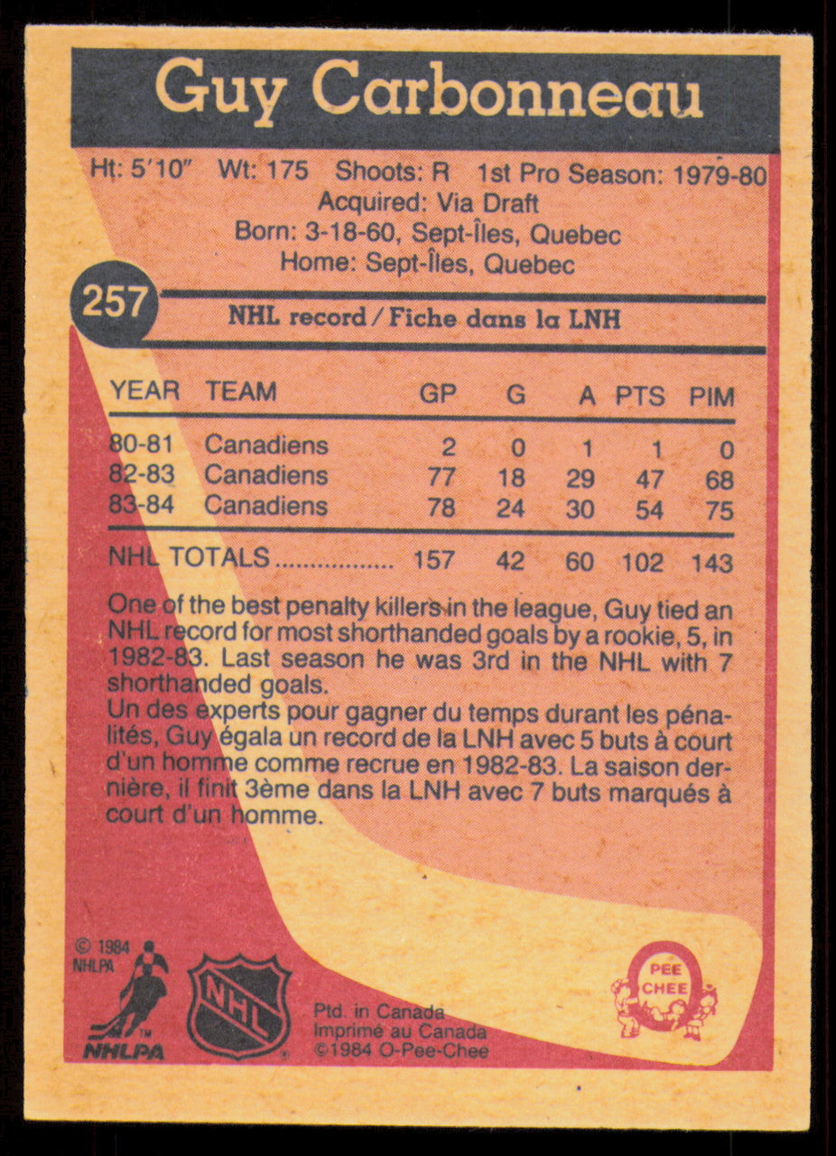 Guy Carbonneau Autographed 1984-85 O-Pee-Chee Card #257 Montreal Canadiens SKU #255045
