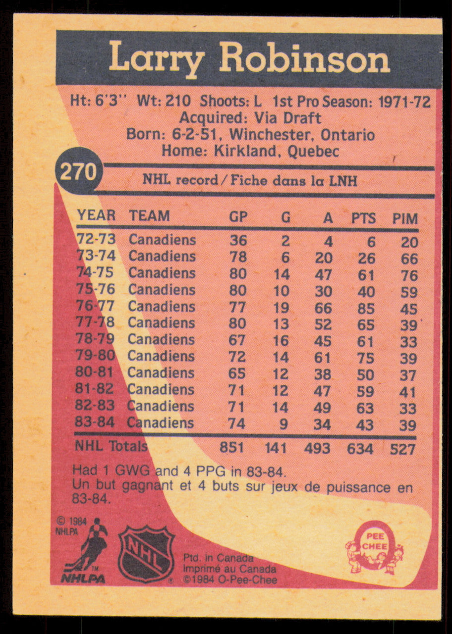 Larry Robinson Autographed 1984-85 O-Pee-Chee Card #270 Montreal Canadiens SKU #255047