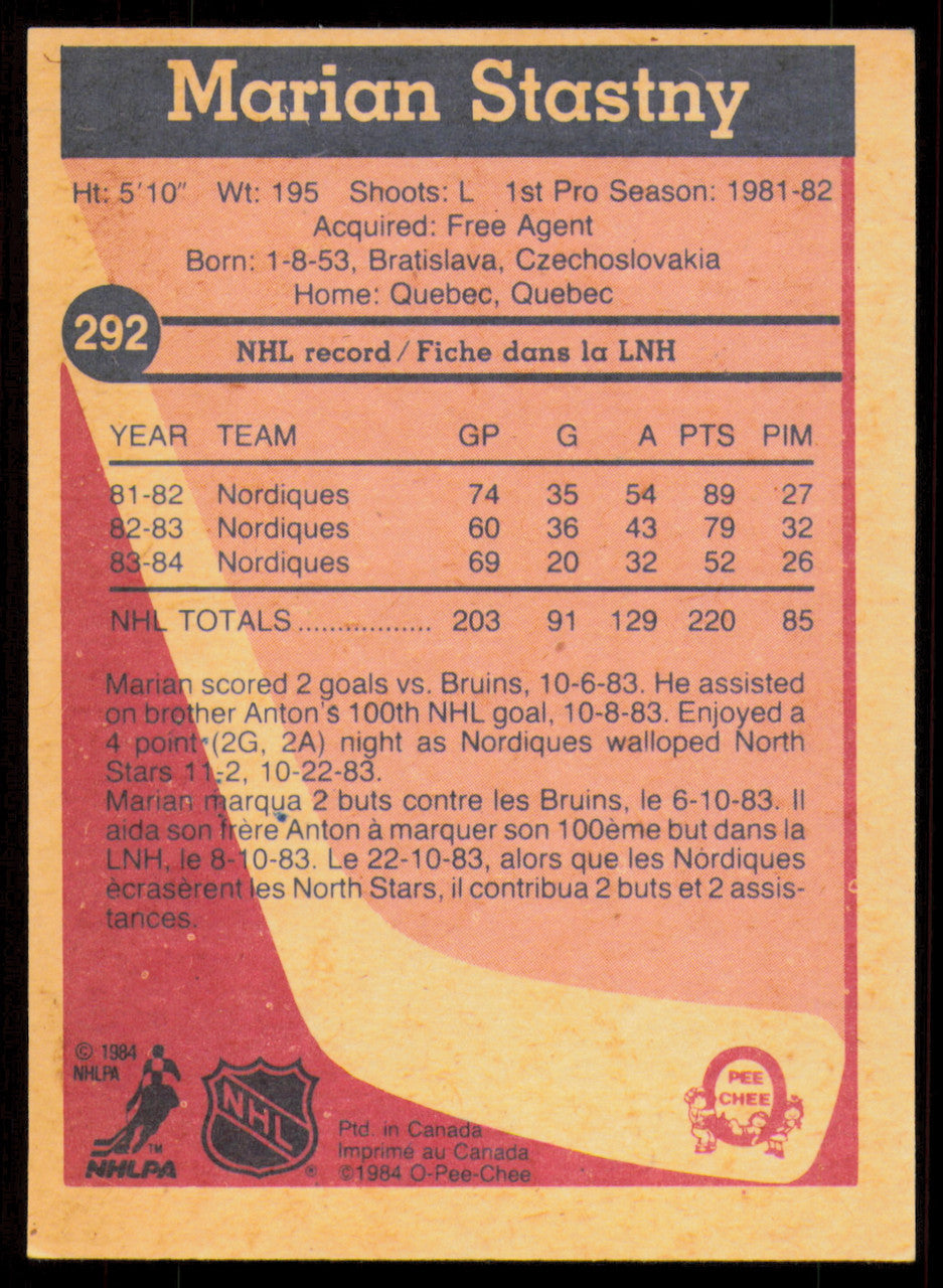 Marian Stastny Autographed 1984-85 O-Pee-Chee Card #292 Quebec Nordiques SKU #255049