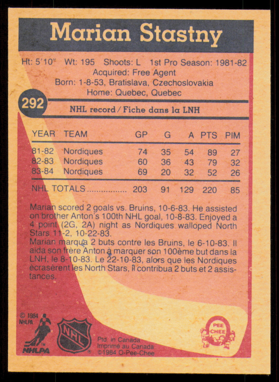 Marian Stastny Autographed 1984-85 O-Pee-Chee Card #292 Quebec Nordiques SKU #255050