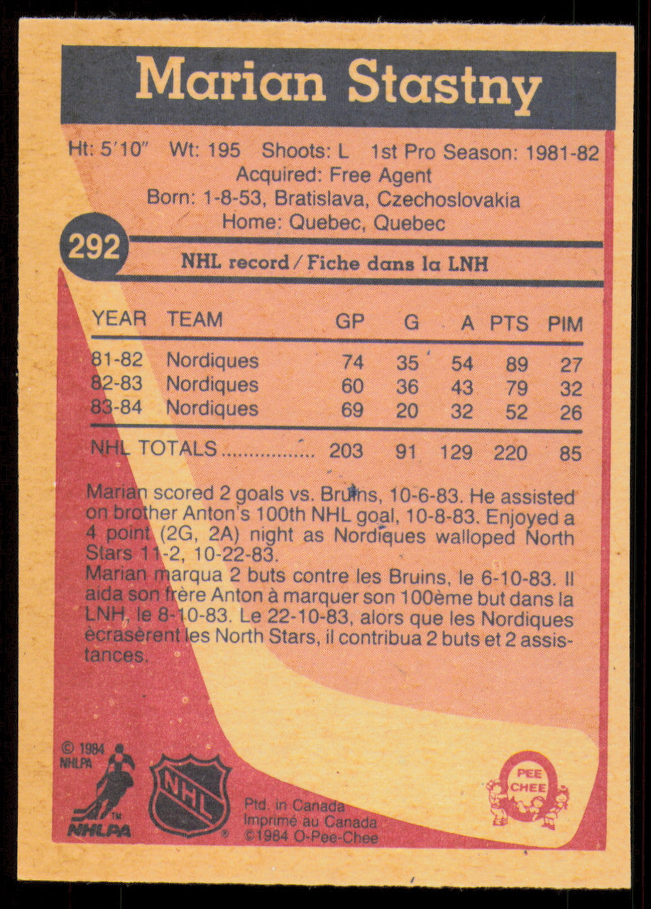 Marian Stastny Autographed 1984-85 O-Pee-Chee Card #292 Quebec Nordiques SKU #255051