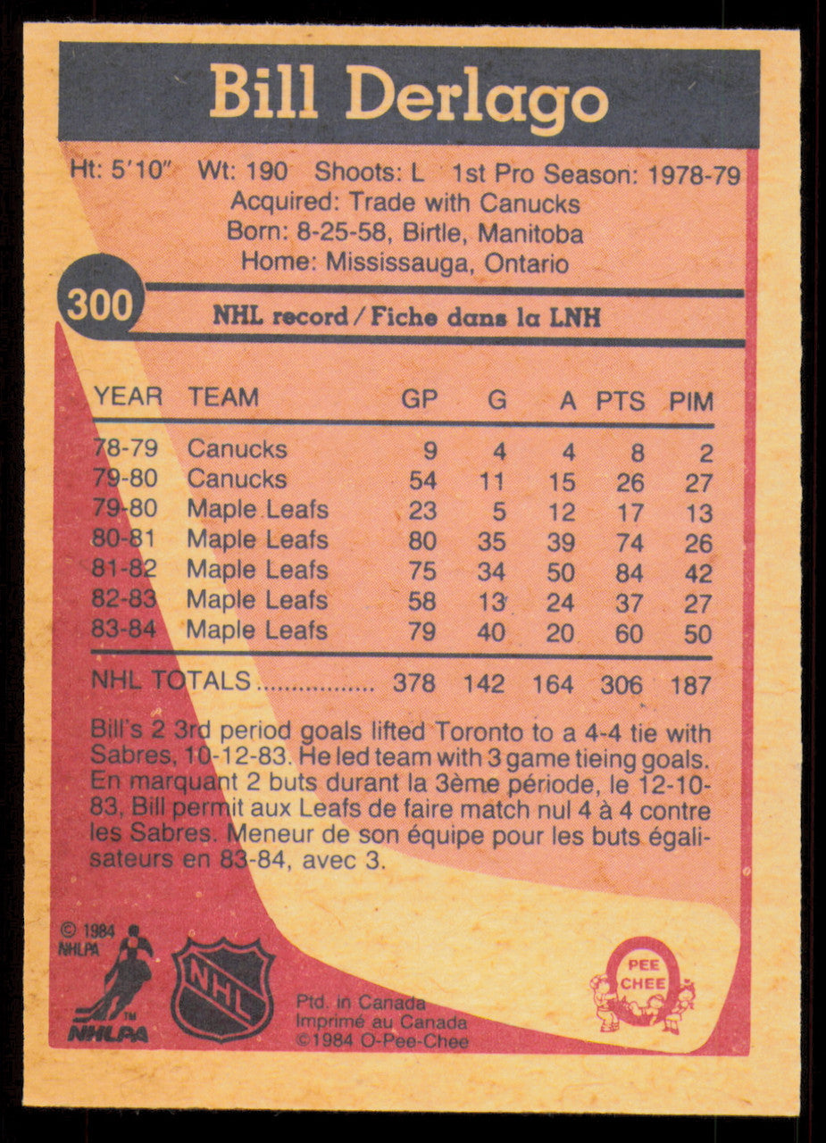 Bill Derlago Autographed 1984-85 O-Pee-Chee Card #300 Toronto Maple Leafs SKU #255055