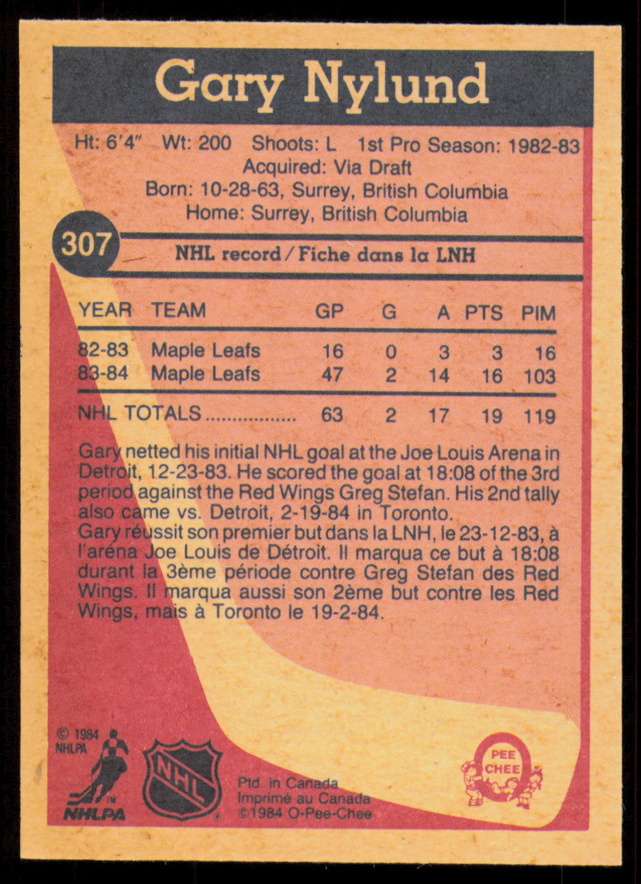 Gary Nylund Autographed 1984-85 O-Pee-Chee Card #307 Toronto Maple Leafs SKU #255059