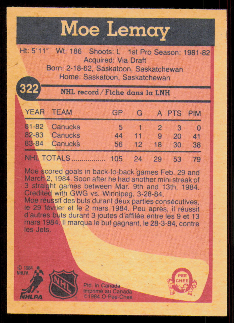 Moe Lemay Autographed 1984-85 O-Pee-Chee Card #322 Vancouver Canucks SKU #255064