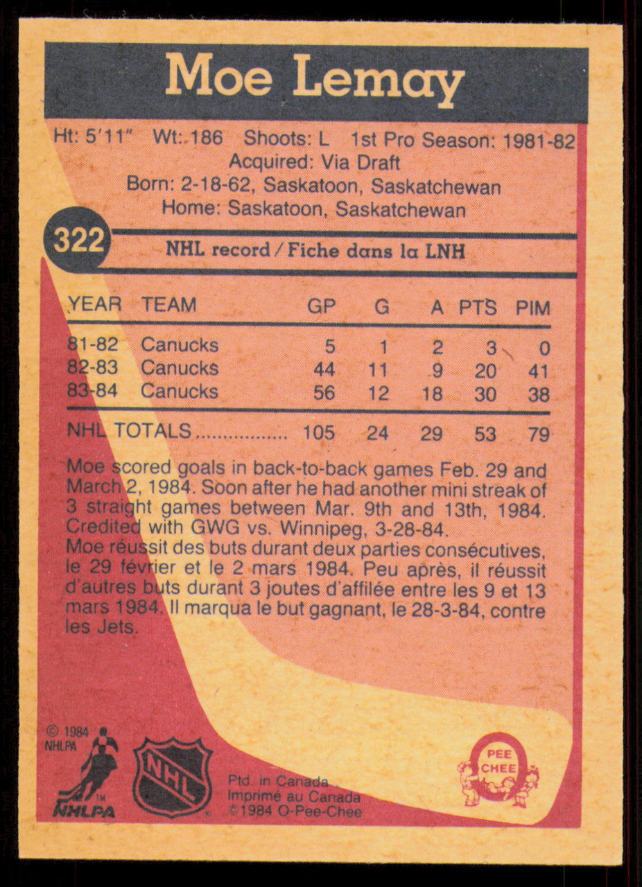 Moe Lemay Autographed 1984-85 O-Pee-Chee Card #322 Vancouver Canucks SKU #255065