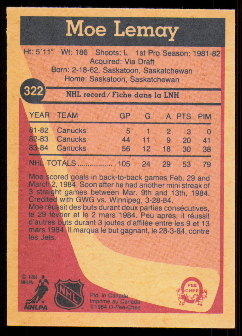Moe Lemay Autographed 1984-85 O-Pee-Chee Card #322 Vancouver Canucks SKU #255066