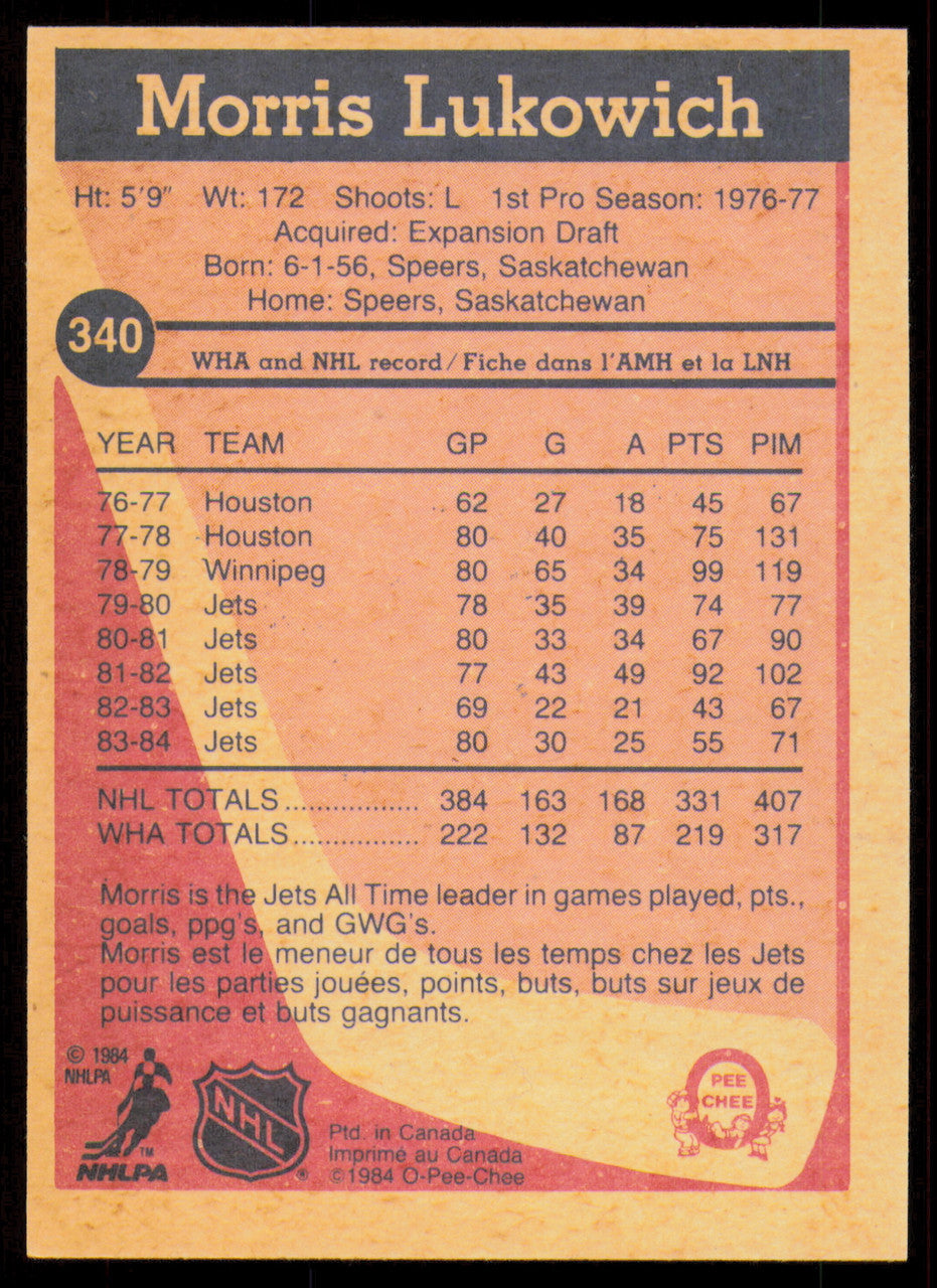 Morris Lukowich Autographed 1984-85 O-Pee-Chee Card #340 Winnipeg Jets SKU #255072