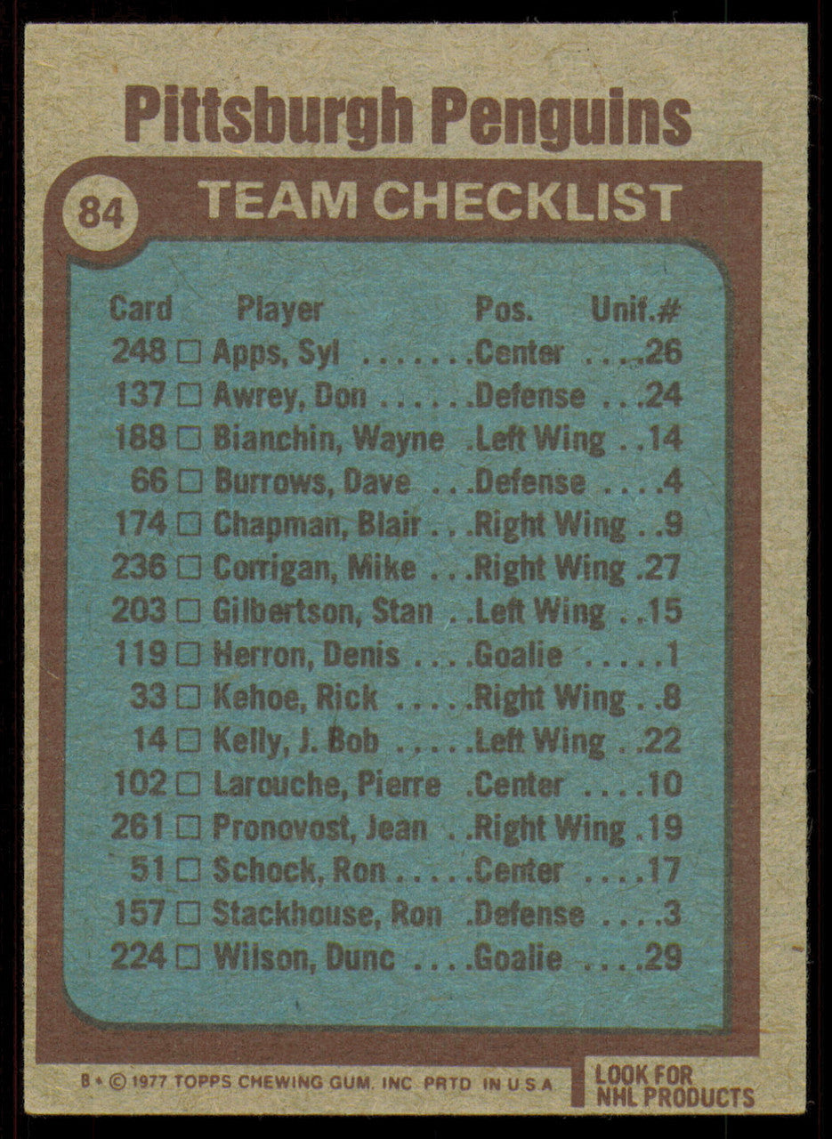 Johnny Wilson Autographed 1977-78 Topps Card #84 Pittsburgh Penguins SKU #255092