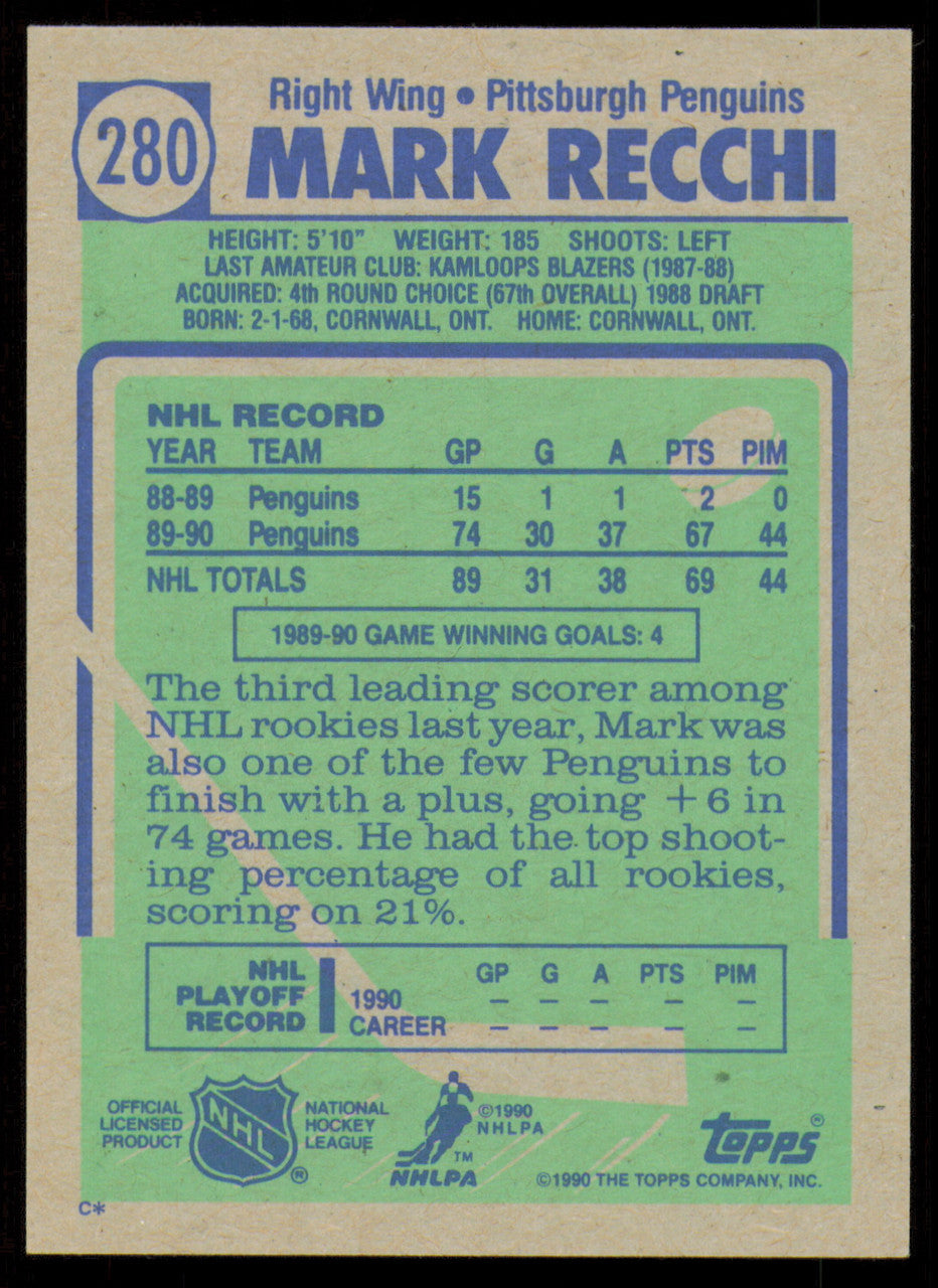 Mark Recchi Autographed 1990-91 Topps Rookie Card #280 Pittsburgh Penguins SKU #255115