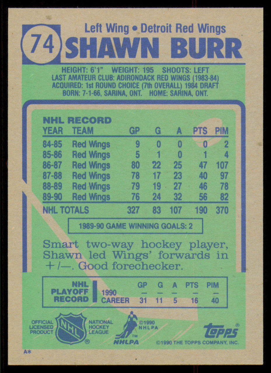 Shawn Burr Autographed 1990-91 Topps Card #74 Detroit Red Wings SKU #255144