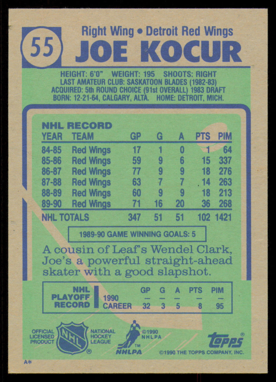 Joe Kocur Autographed 1990-91 Topps Rookie Card #55 Detroit Red Wings SKU #255149