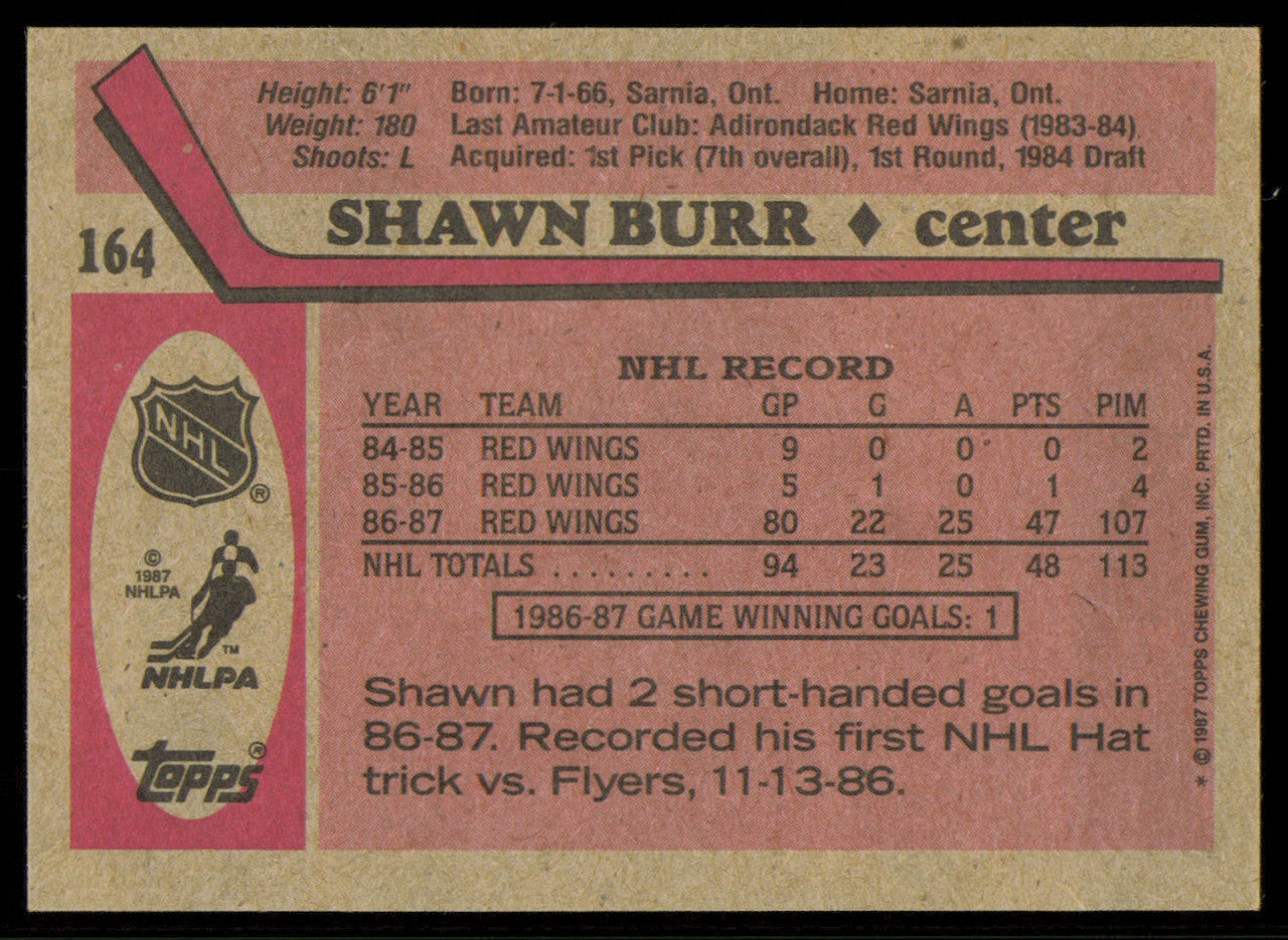 Shawn Burr Autographed 1987-88 Topps Card #164 Detroit Red Wings SKU #255161