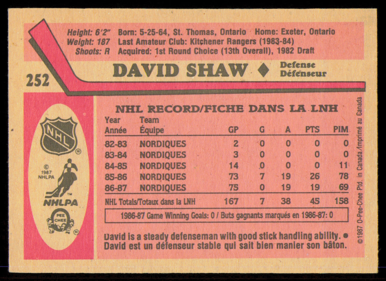 David Shaw Autographed 1987-88 O-Pee-Chee Card #252 Quebec Nordiques SKU #255229