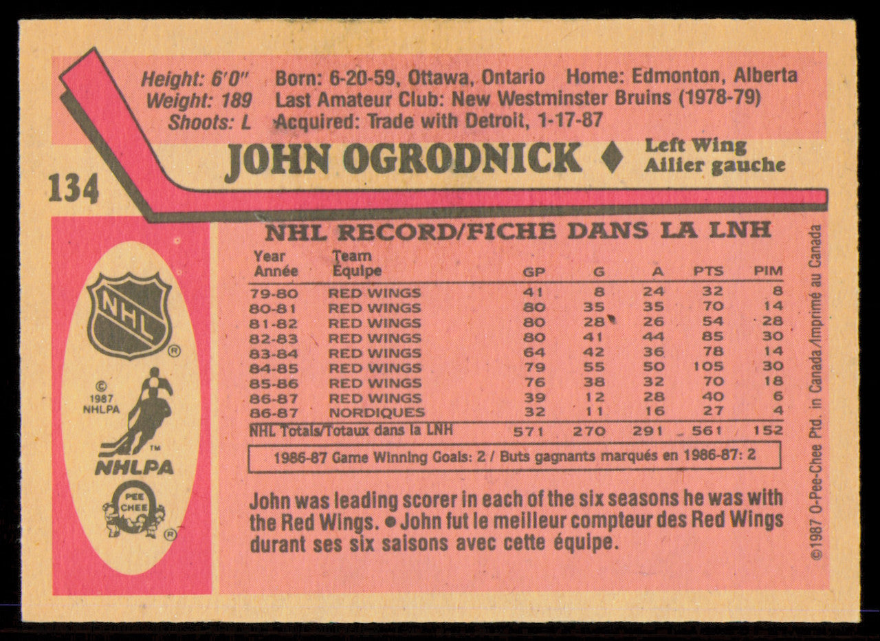 John Ogrodnick Autographed 1987-88 O-Pee-Chee Card #134 Quebec Nordiques SKU #255251