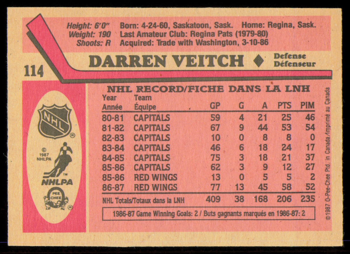Darren Veitch Autographed 1987-88 O-Pee-Chee Card #114 Detroit Red Wings SKU #255255