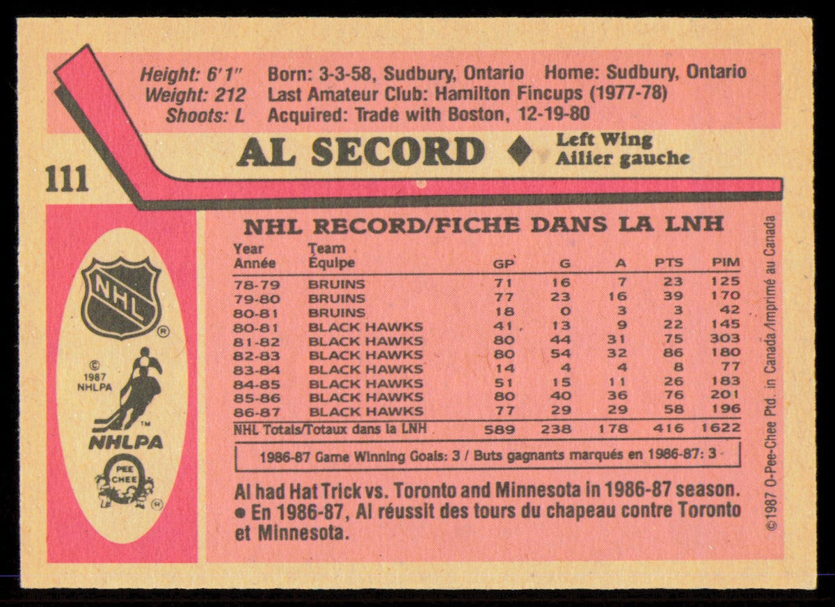 Al Secord Autographed 1987-88 O-Pee-Chee Card #111 Toronto Maple Leafs SKU #255256